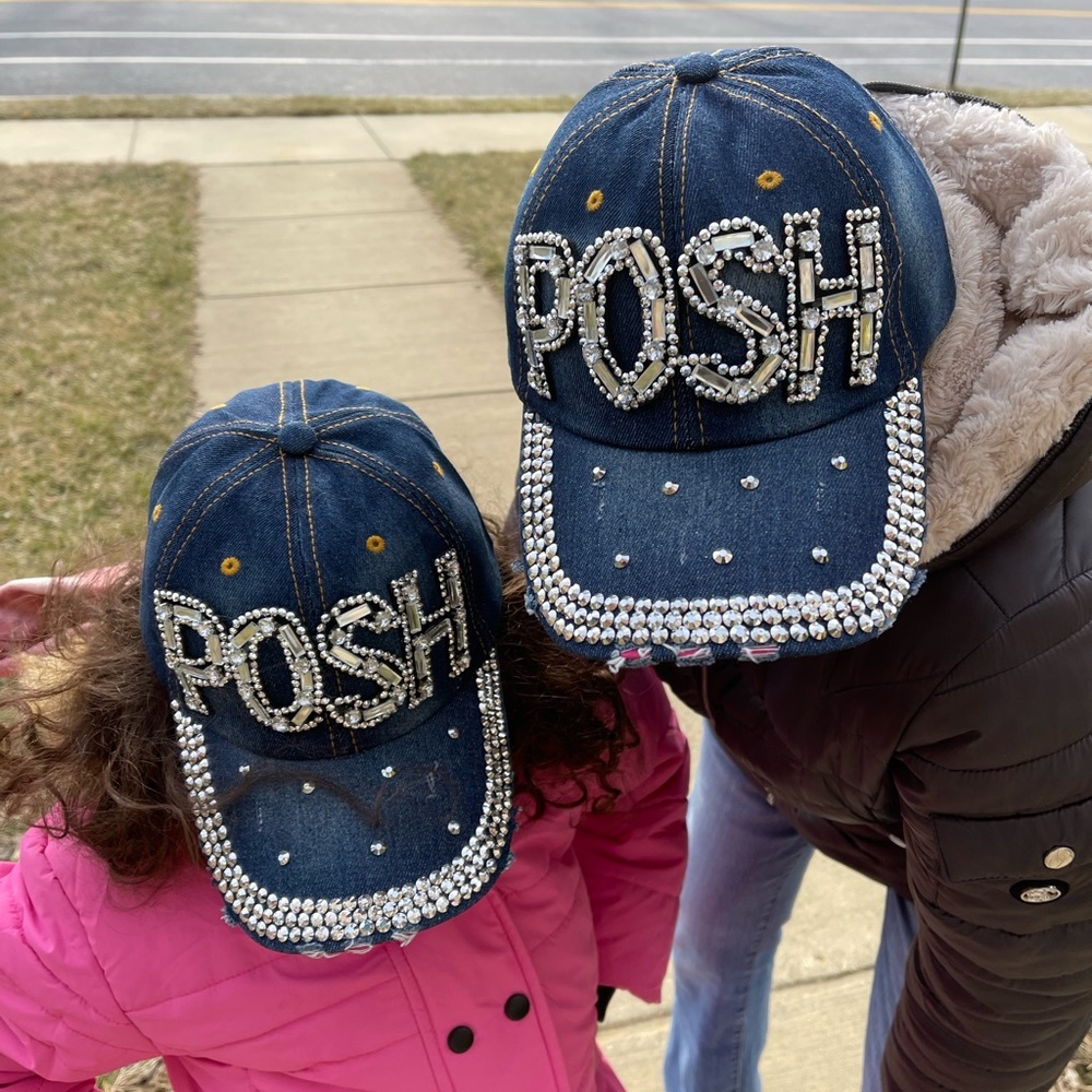 POSH Distressed Denim Cap, Adjustable Strap. 100 Percent Cotton